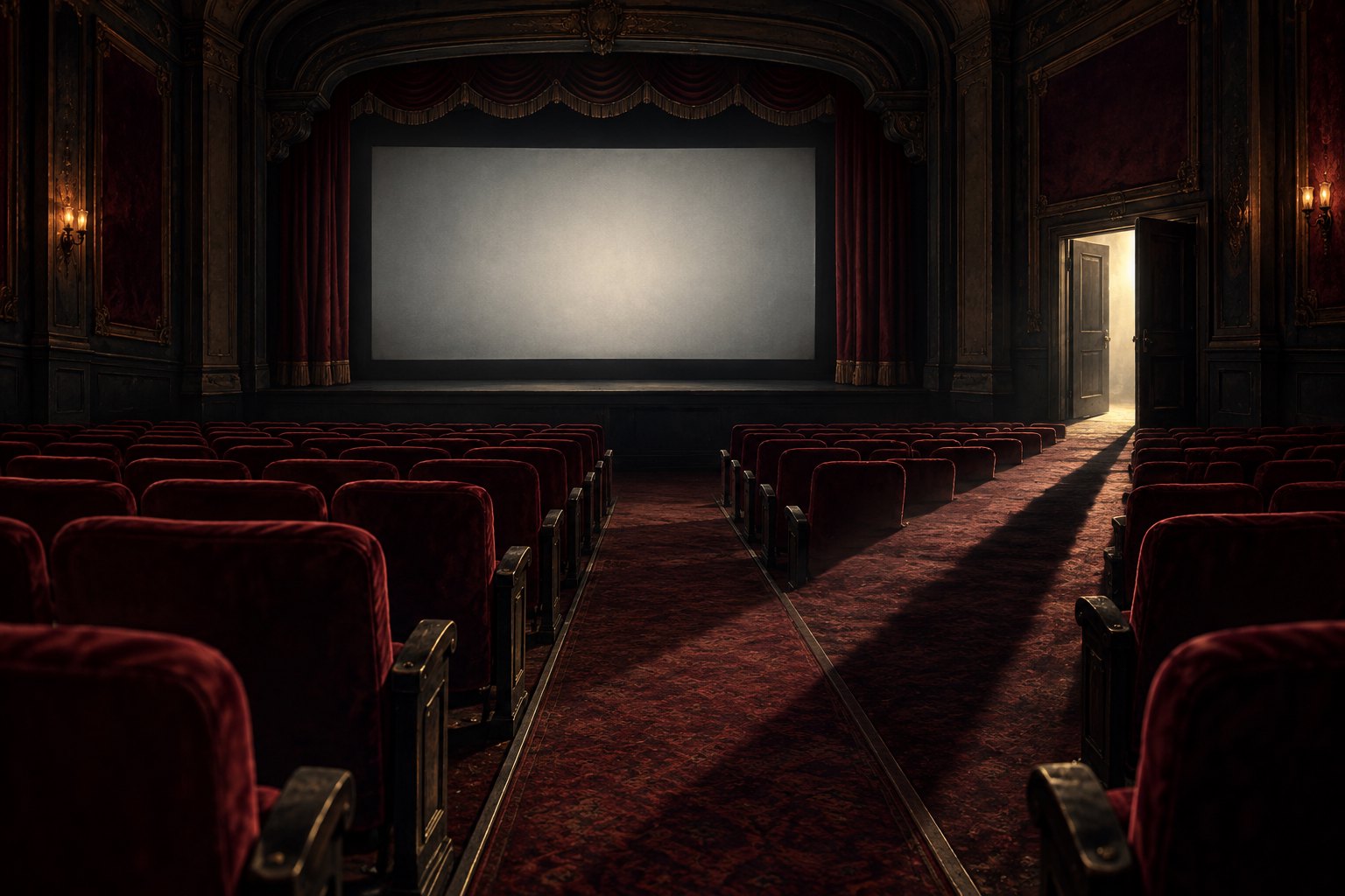 An empty vintage movie theater with red seats, a blank screen, and light spilling through an open doorway.