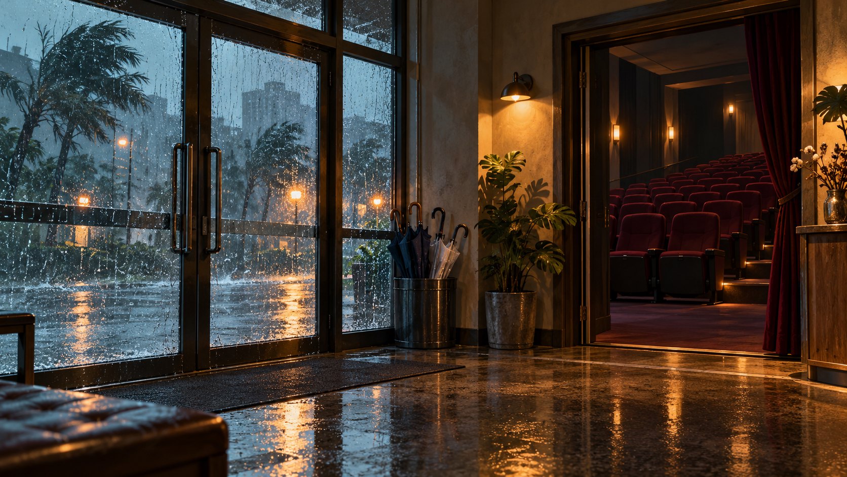 雨水覆上想像中的電影院玻璃門，空蕩前廳與酒紅色座椅呈現停映氛圍的示意插畫
