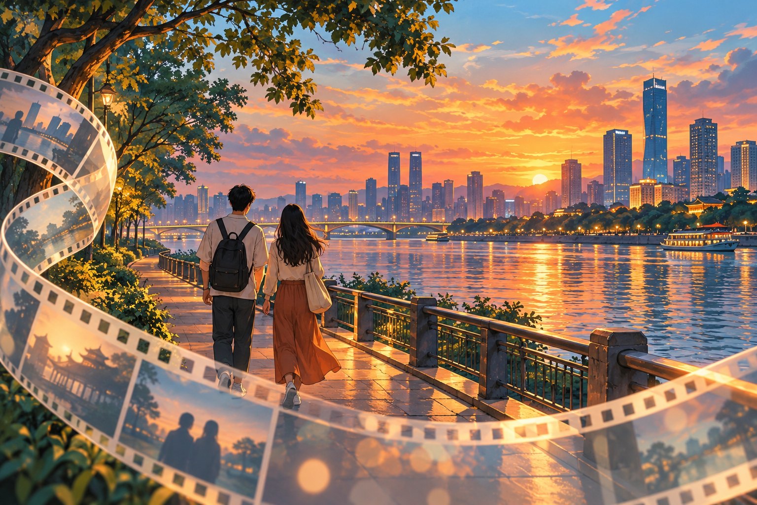 长沙影视漫步主题插画：两位影迷走在暮色江畔，城市灯光与胶片意象相映
