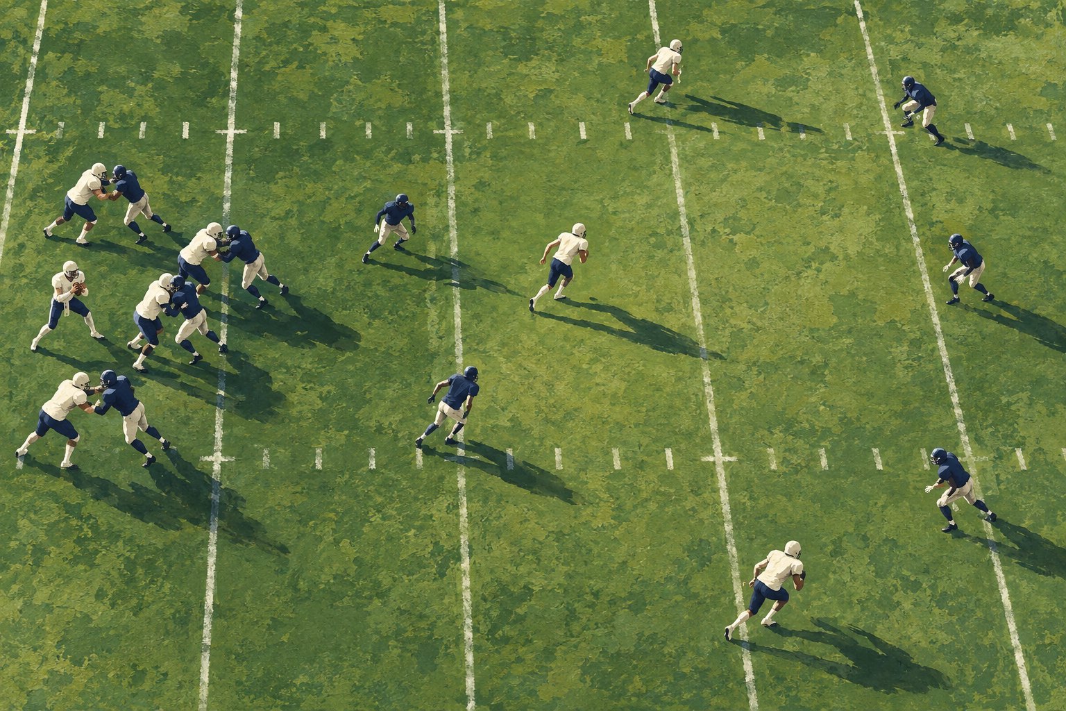 Overhead illustration of anonymous football players spread across a green field, emphasizing the space between them.