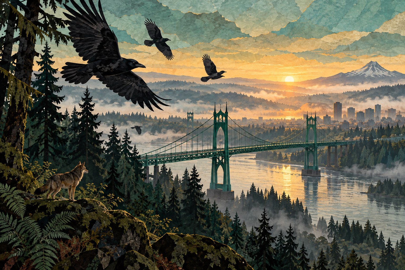 Original illustration of crows flying above a green suspension bridge at sunrise, with a coyote on a wooded riverbank.
