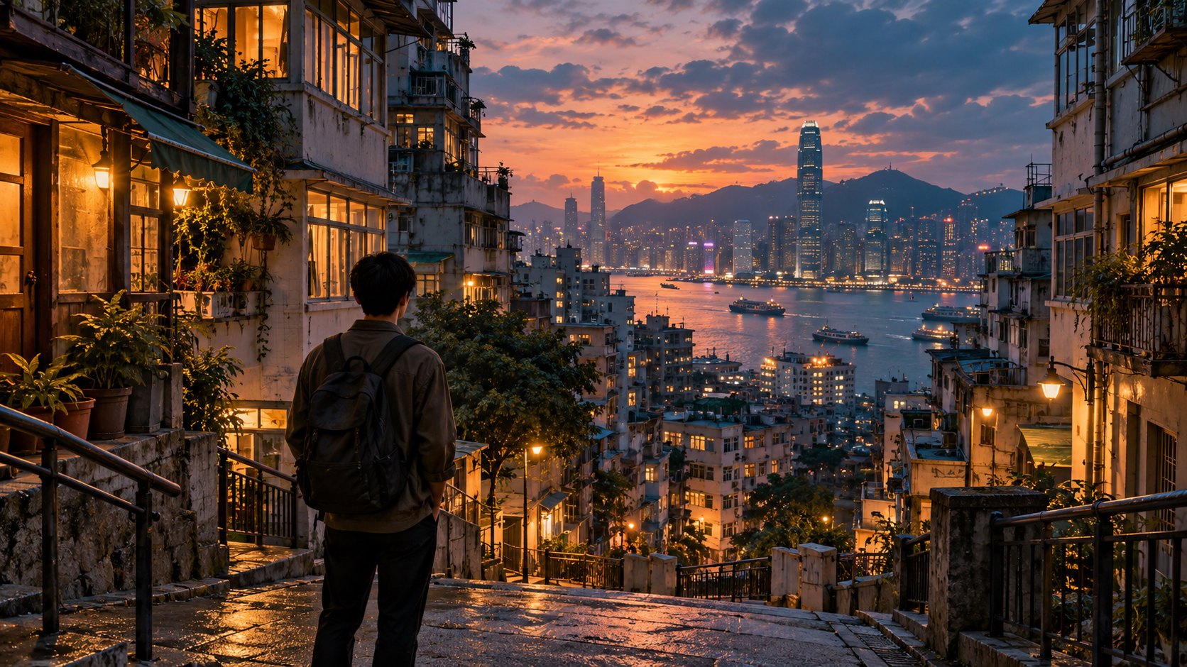 影迷站在香港風格的坡道街巷,望向暮色中的住宅與遠方海港,呈現電影旅遊意象