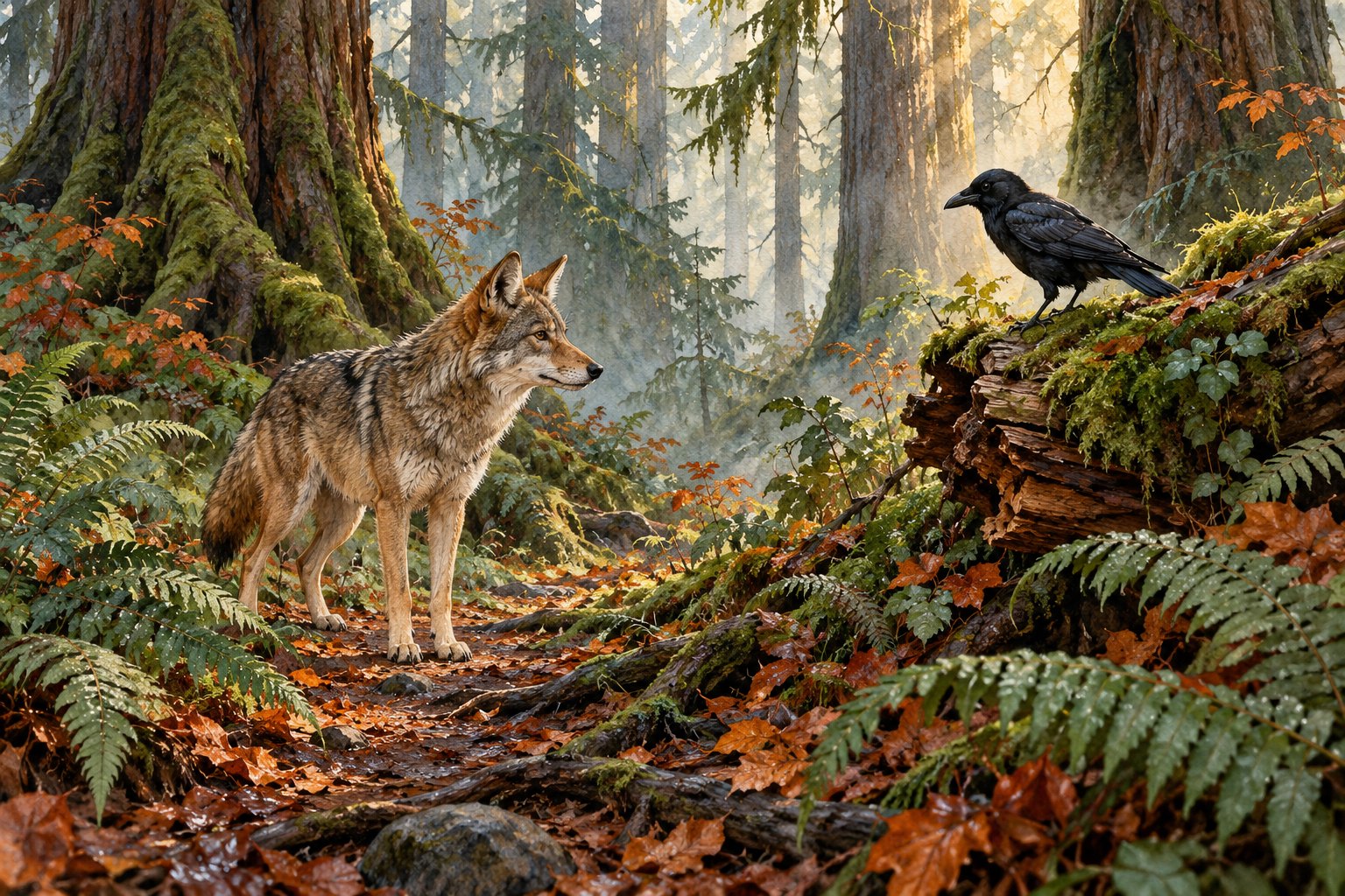 Original conceptual illustration of a coyote facing a crow perched on a mossy log along a fern-lined forest trail.