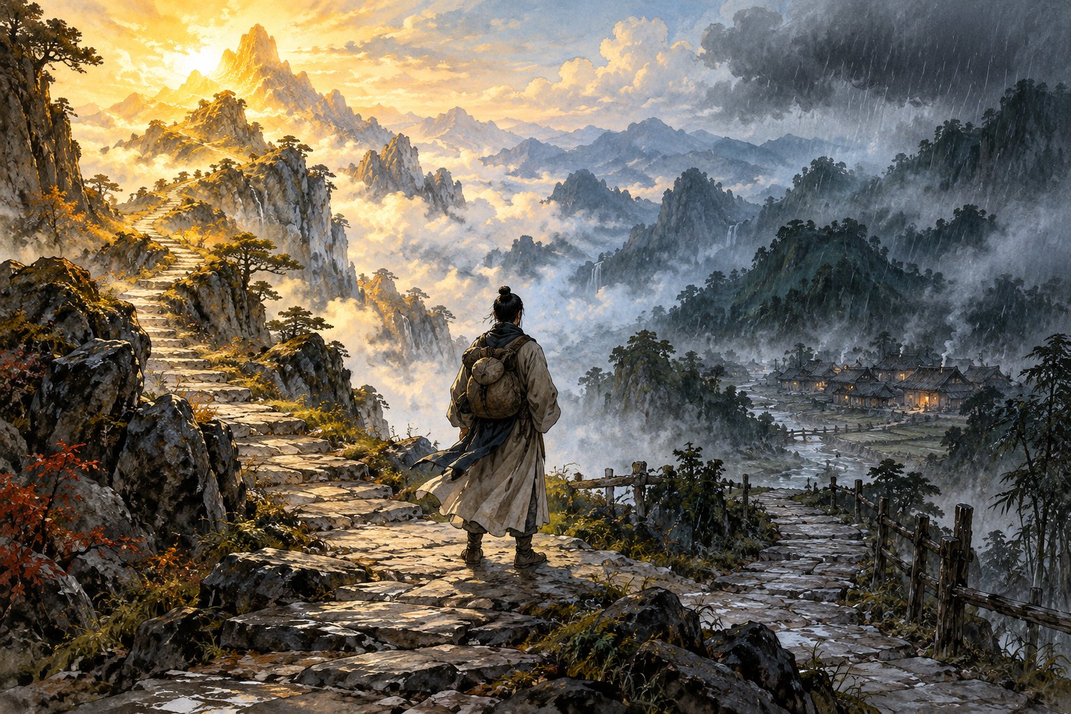 古装旅人在通向晴朗高峰与雨雾村落的岔路前停步，人物选择主题意象插画，非影片剧照