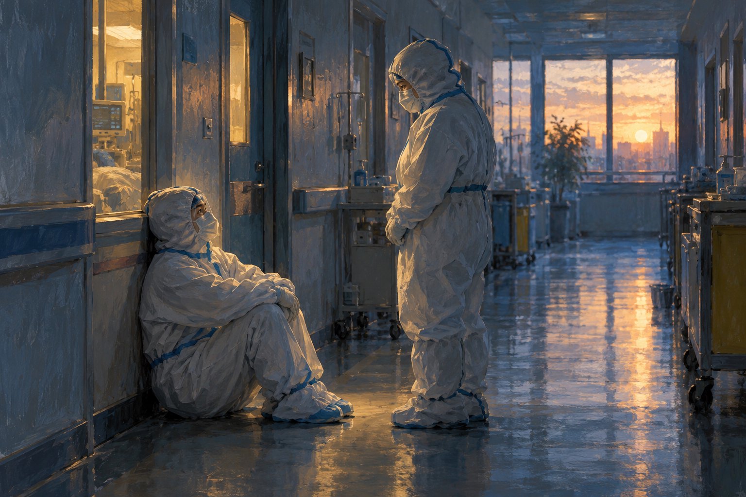 原创主题插画：两名穿防护服的医护人员在微光中的医院走廊短暂相伴