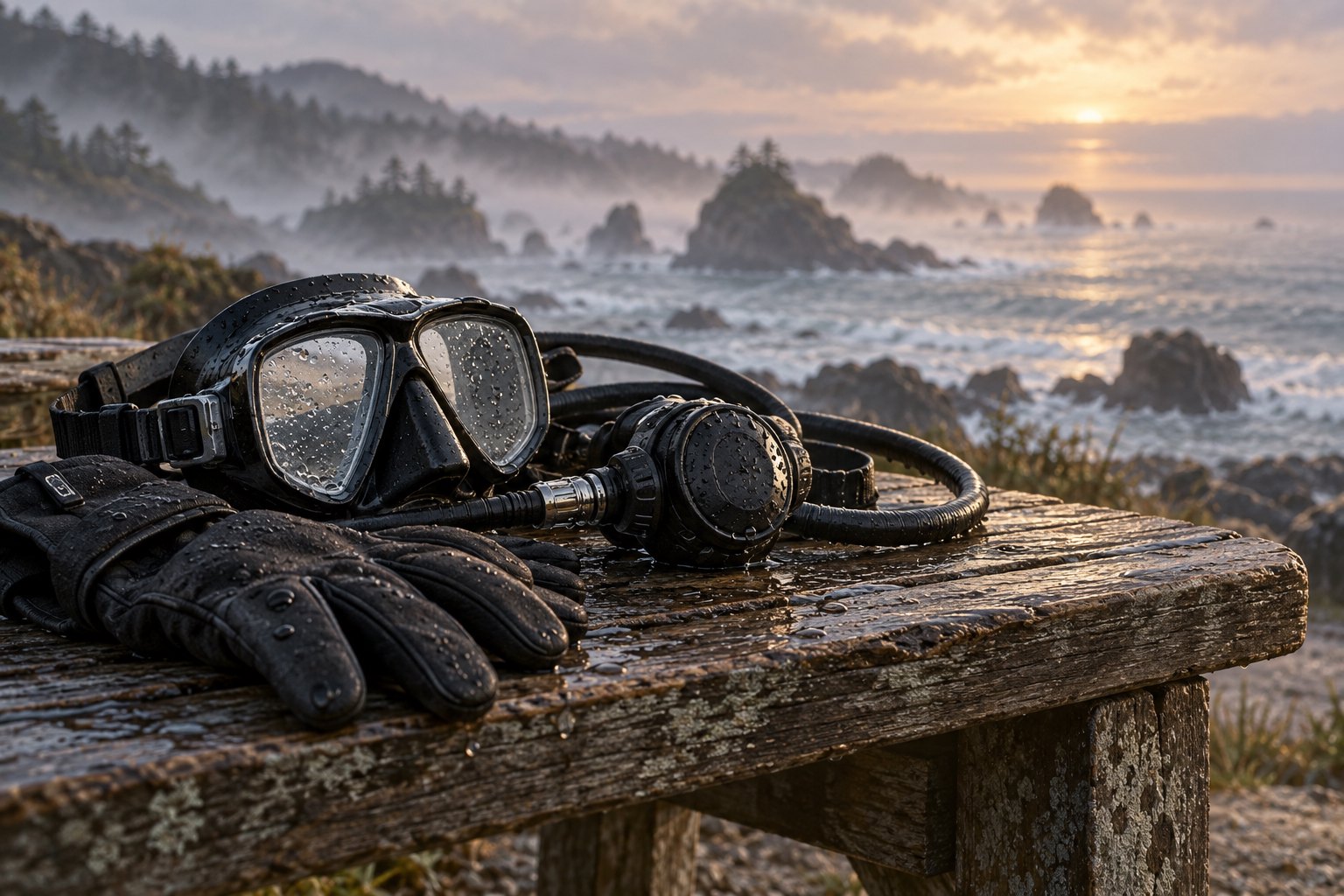 Concept illustration of a wet diving mask, regulator, and gloves on a weathered bench overlooking a misty rocky coast.