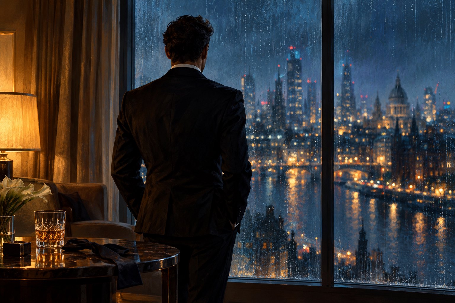 Conceptual illustration of a fictional suited man facing a rain-streaked city window, with a loosened bow tie on a nearby table.