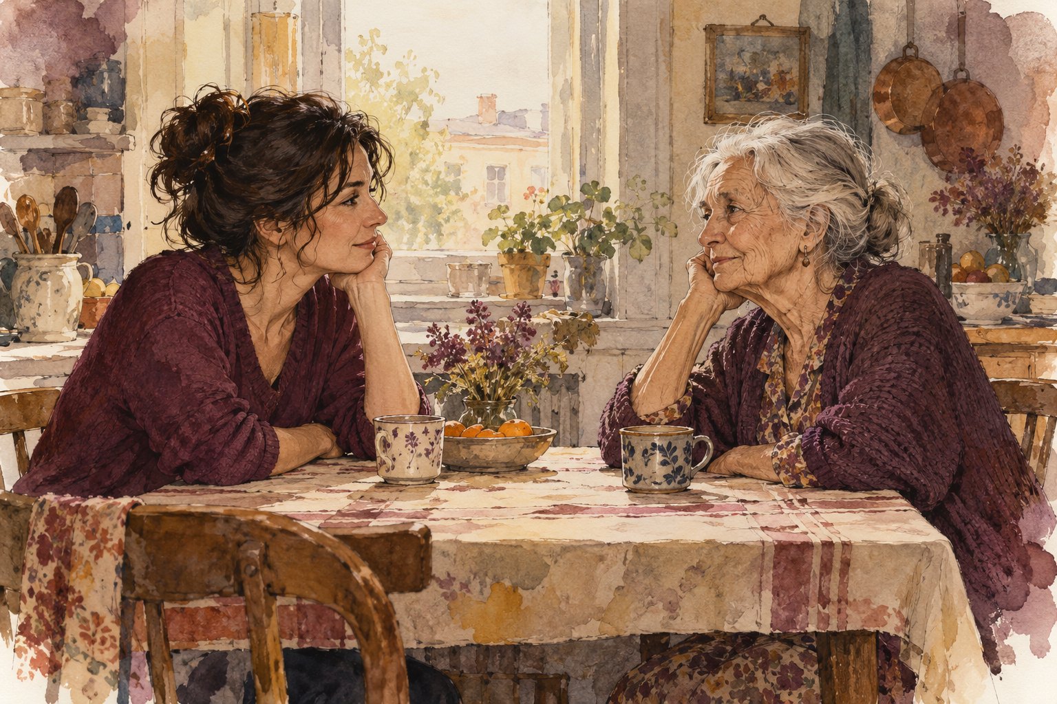 An original watercolor illustration shows an adult daughter and her elderly mother facing each other across a kitchen table.