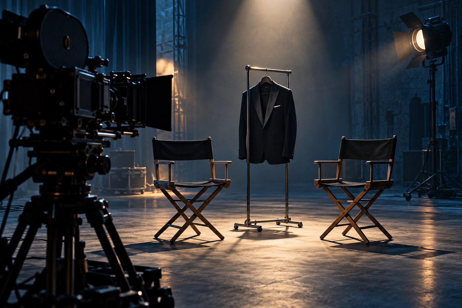 Conceptual illustration of two empty audition chairs and a dark jacket on a soundstage, with a movie camera in the foreground.