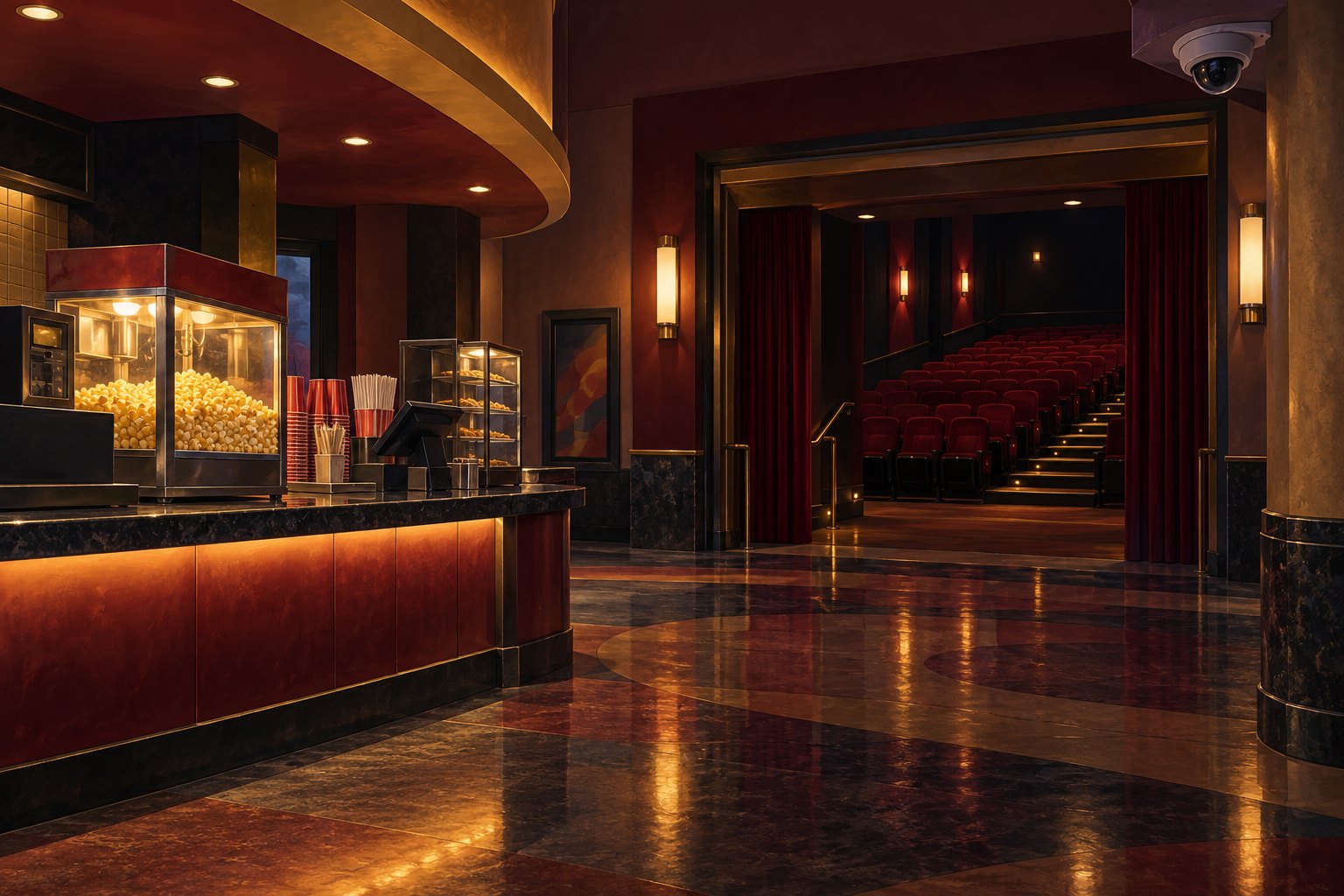 Conceptual illustration of an empty cinema lobby with a concession counter, auditorium entrance, and overhead security camera.