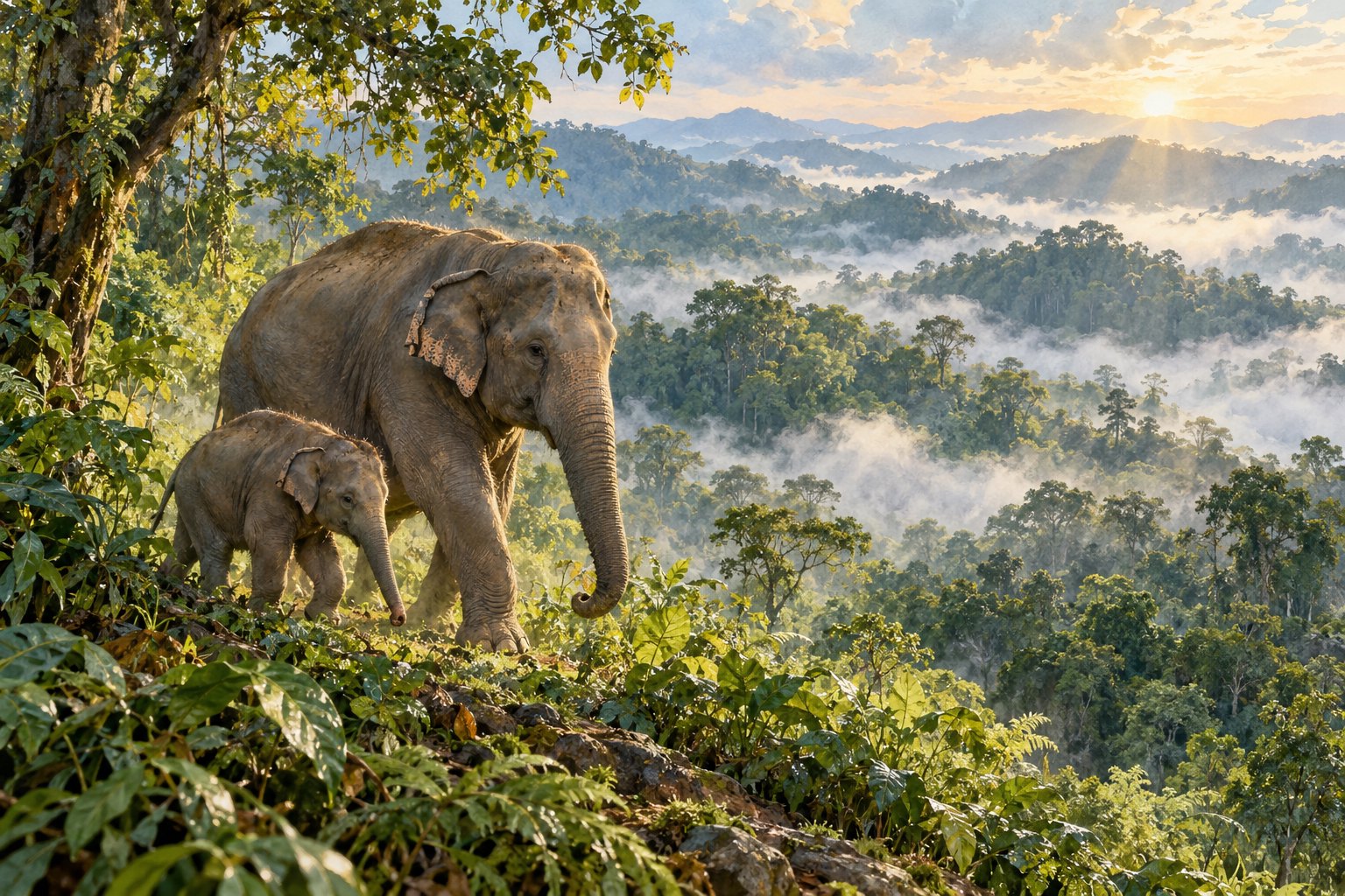 成年亚洲象与幼象在晨雾笼罩的热带雨林边缘同行的主题插画，非影片剧照