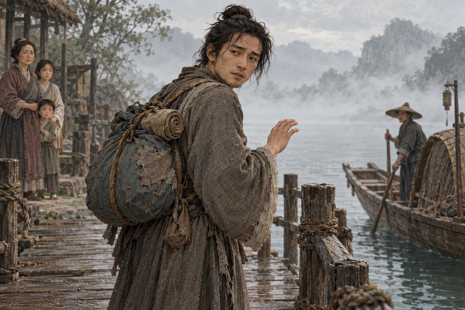 古代渡口的虚构旅人背着行囊回望家人，船夫在雾中等待的情境插画