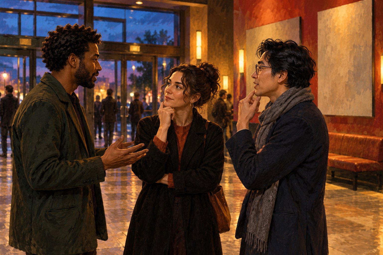 Conceptual illustration of three moviegoers discussing a film in a warmly lit cinema lobby at dusk.