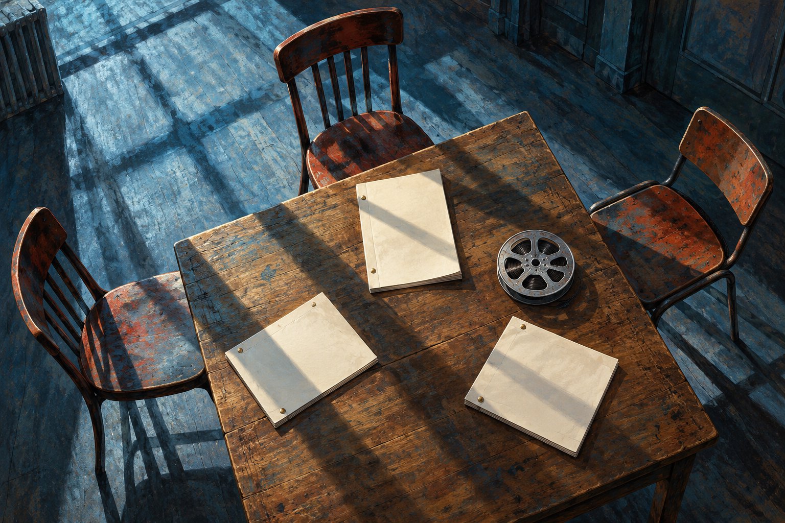 Conceptual illustration of three empty chairs surrounding a wooden table with blank script booklets and a film reel.
