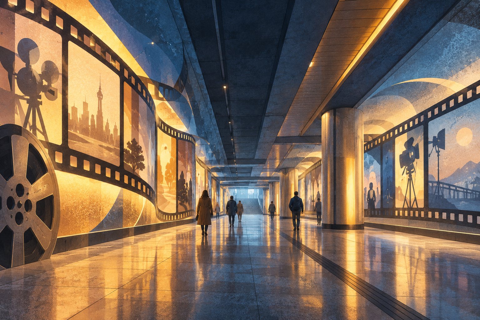 行人走过带有胶片画格意象的地下长廊,电影文化空间概念插画,非车站实景
