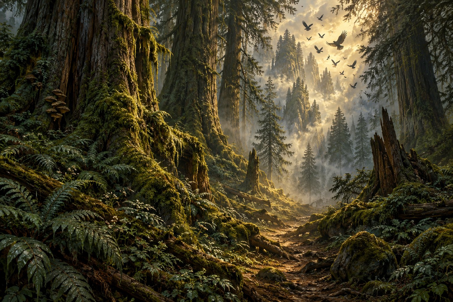 Crows circle above a misty forest path framed by towering moss-covered trees and ferns.