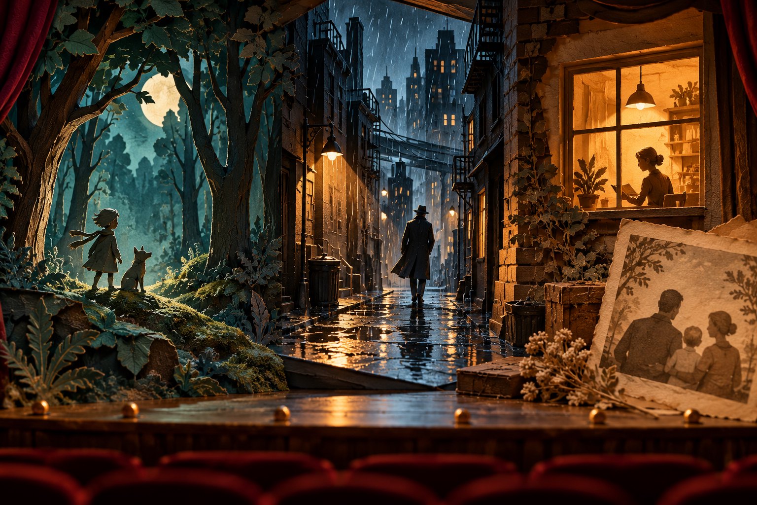 A miniature theater tableau combines a shadowy forest, a rain-soaked noir alley, and a warmly lit home beside a family portrait.