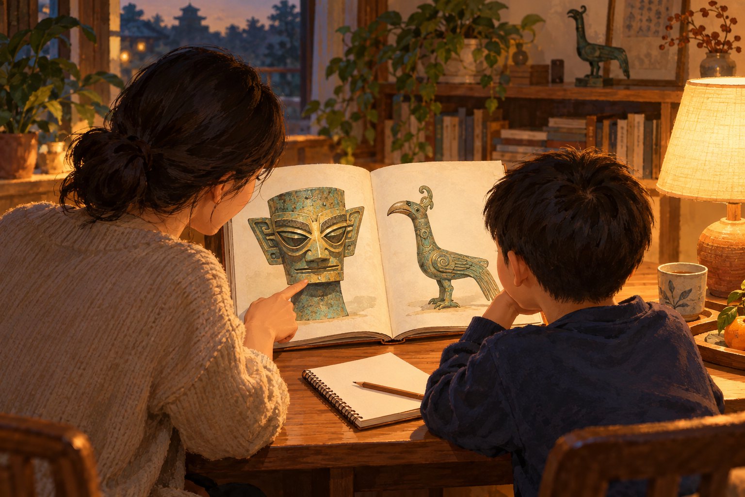 暖灯下家长与孩子共读青铜面具和鸟形图画的概念插画,非电影剧照