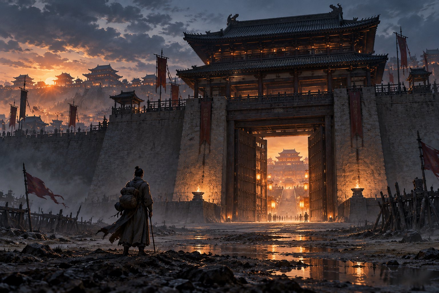 暮色中,一名旅人站在高大的古代城门外,门内透出暖光;原创概念插画,非影片剧照