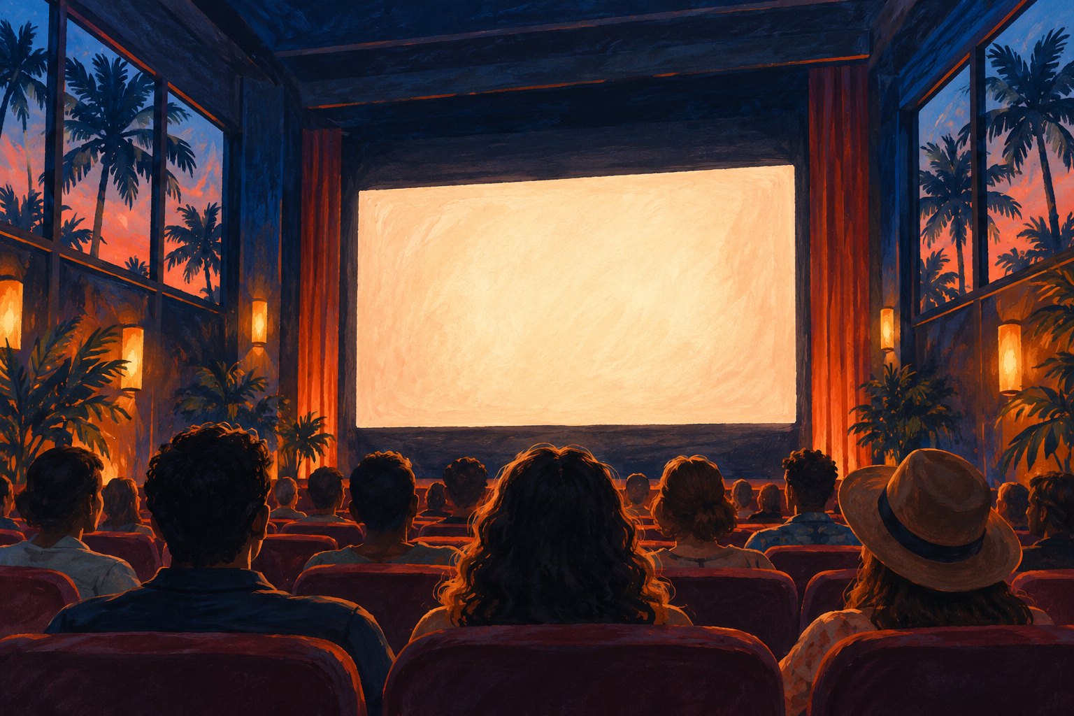 Conceptual illustration of an audience facing a glowing cinema screen, with palm trees visible through side windows.