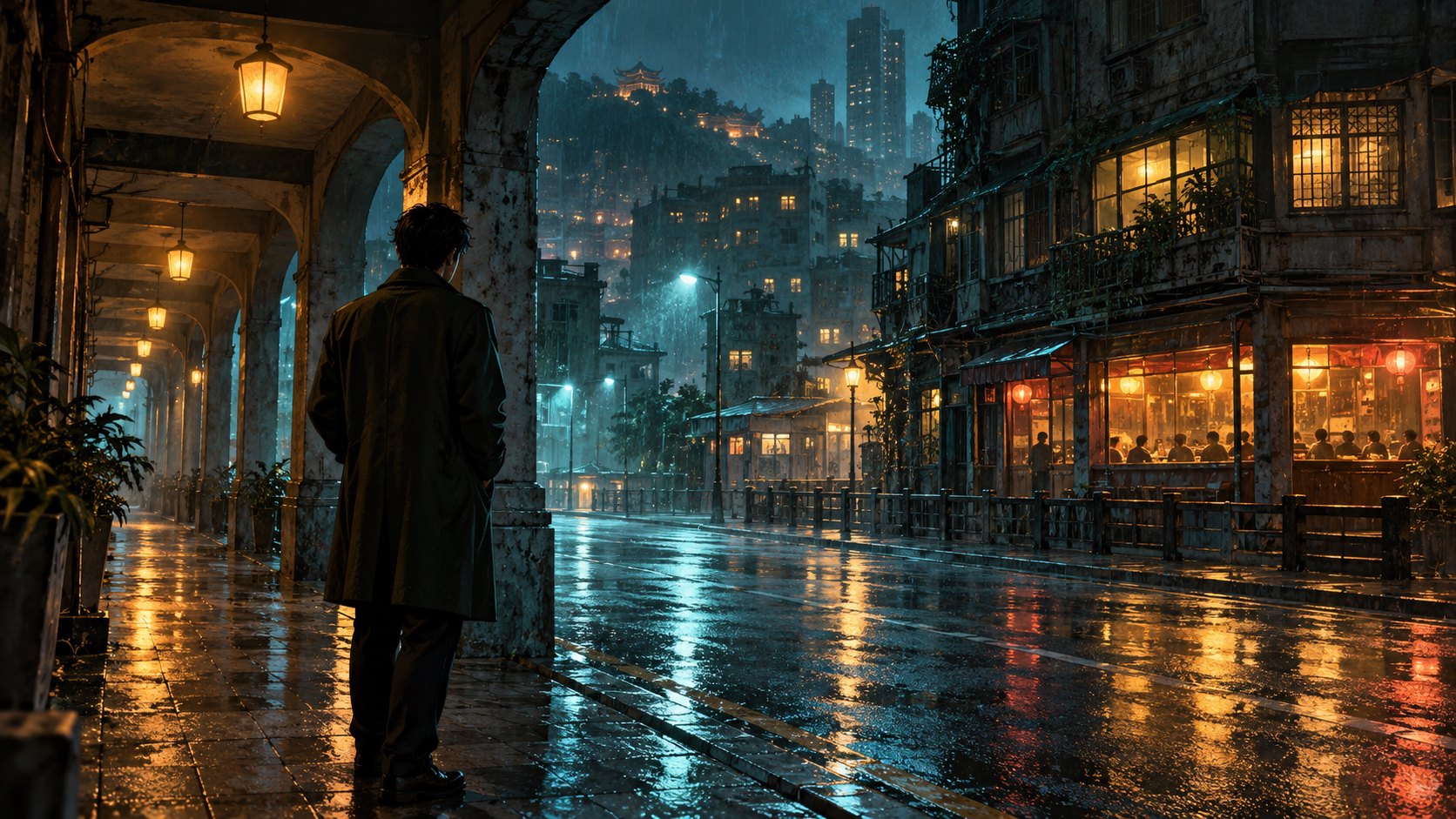 雨夜騎樓下的孤身背影望向街邊暖光,呈現江湖漂泊感的概念插畫,非電影劇照