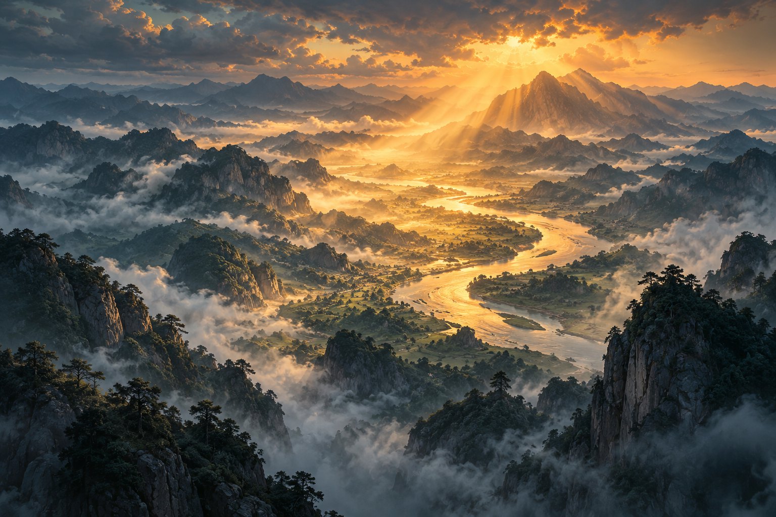 主题意象插画:金色光线穿过云雾,照亮层叠山峦间的蜿蜒河流