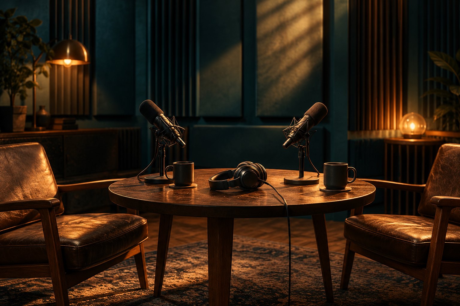 Conceptual illustration of two microphones and headphones on a recording studio table under warm amber lighting.