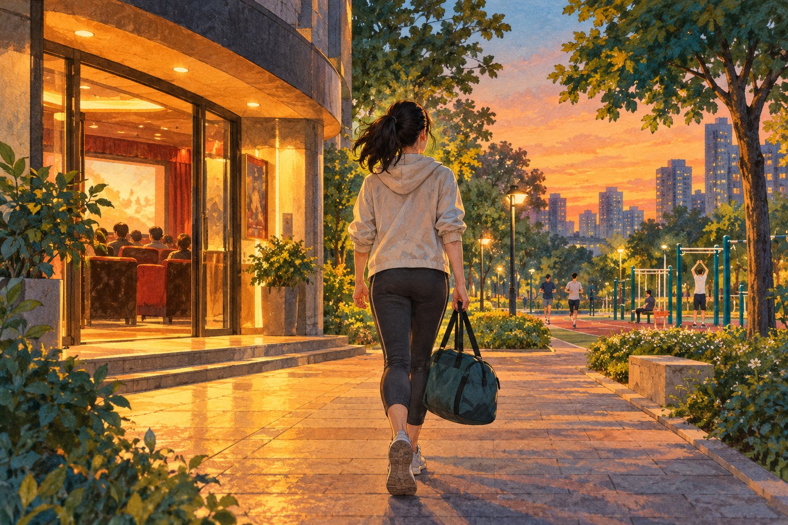 傍晚,一名提着运动包的女性沿影院外的步行道走向社区运动空间