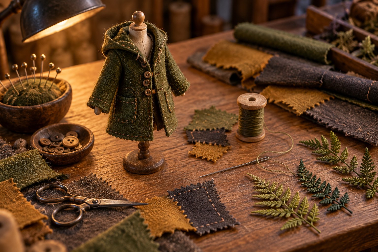 Concept illustration of a miniature green coat on a wooden mannequin beside fabric swatches and sewing tools.