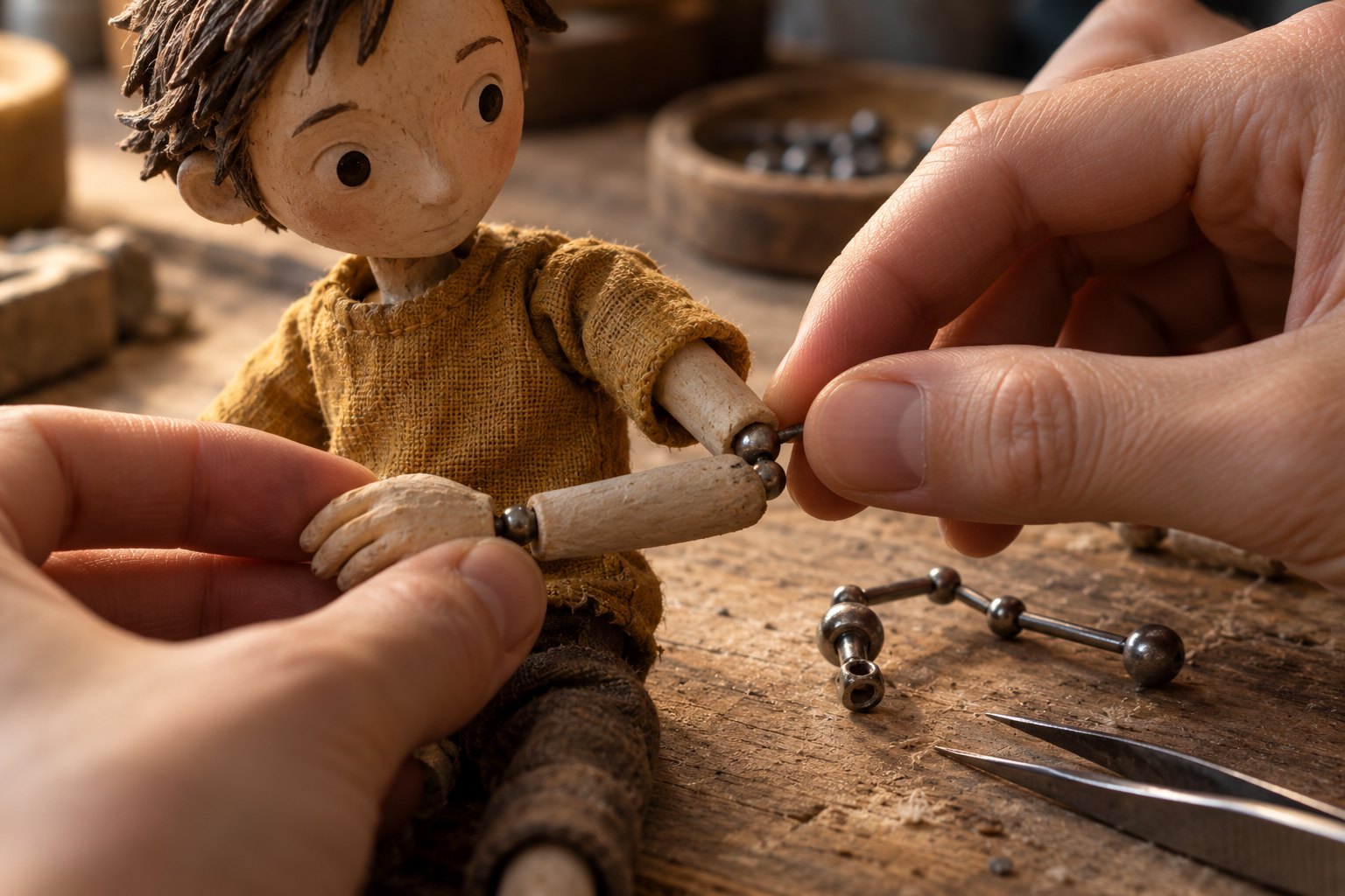 Conceptual illustration of an animator adjusting a handmade puppet’s elbow beside a loose metal armature and tweezers.