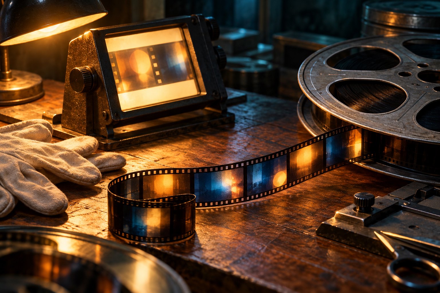 Conceptual illustration of a short filmstrip beside a large reel and an illuminated viewer on an editing table.