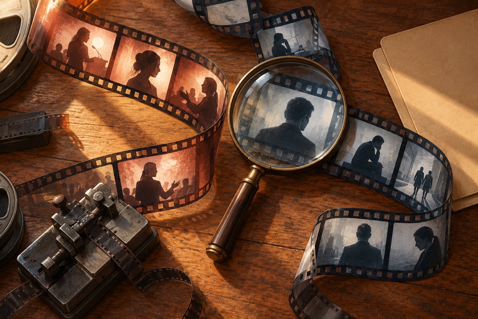 Conceptual illustration of a magnifying glass over film strips beside an editing splicer and a closed folder.
