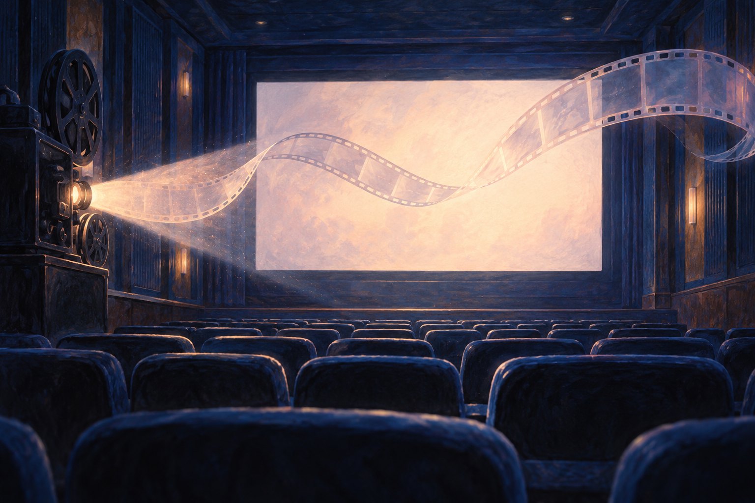 Conceptual illustration of an empty movie theater with a luminous screen and a translucent ribbon of film.