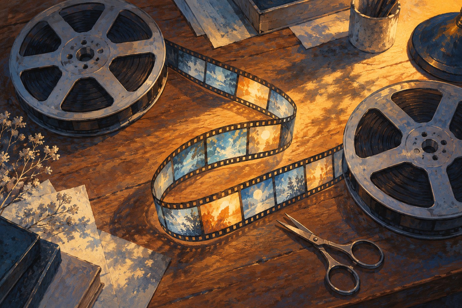 Painterly illustration of two film reels, curling film strips, and editing scissors on a warmly lit wooden desk.