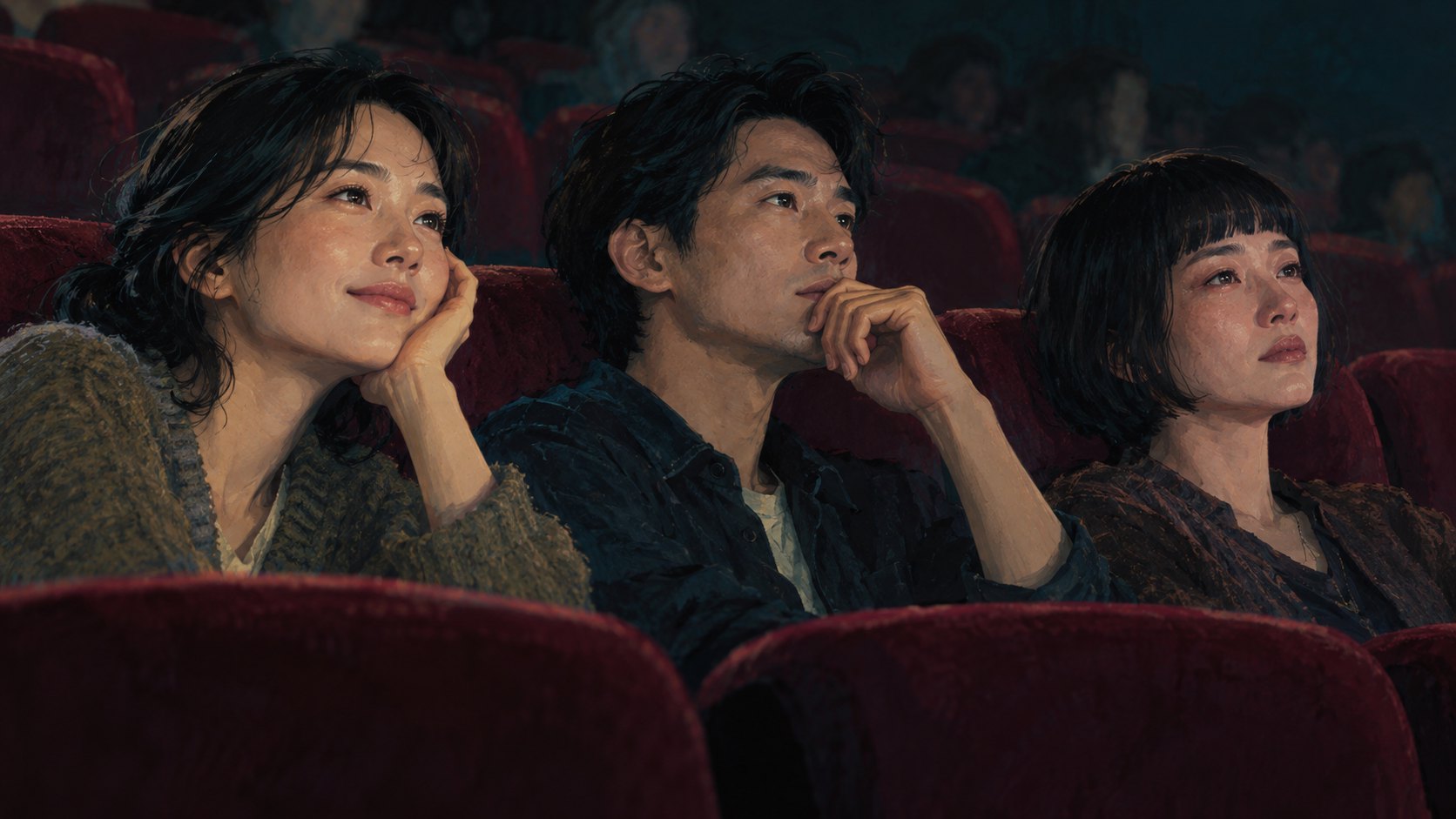 三名觀眾坐在暗紅色戲院座椅上,映著銀幕光線流露不同神情,為觀影感受概念插畫,非電影劇照