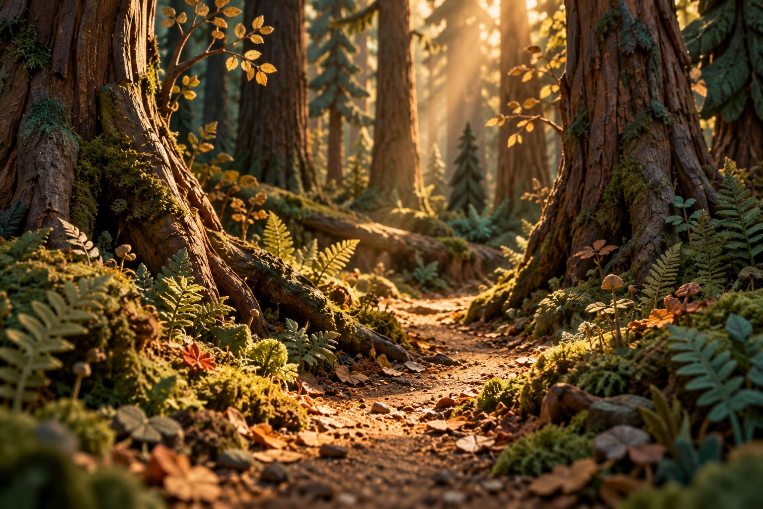 Concept illustration of a handcrafted miniature forest with a winding path, textured moss, and sunlight filtering between sculpted trees.
