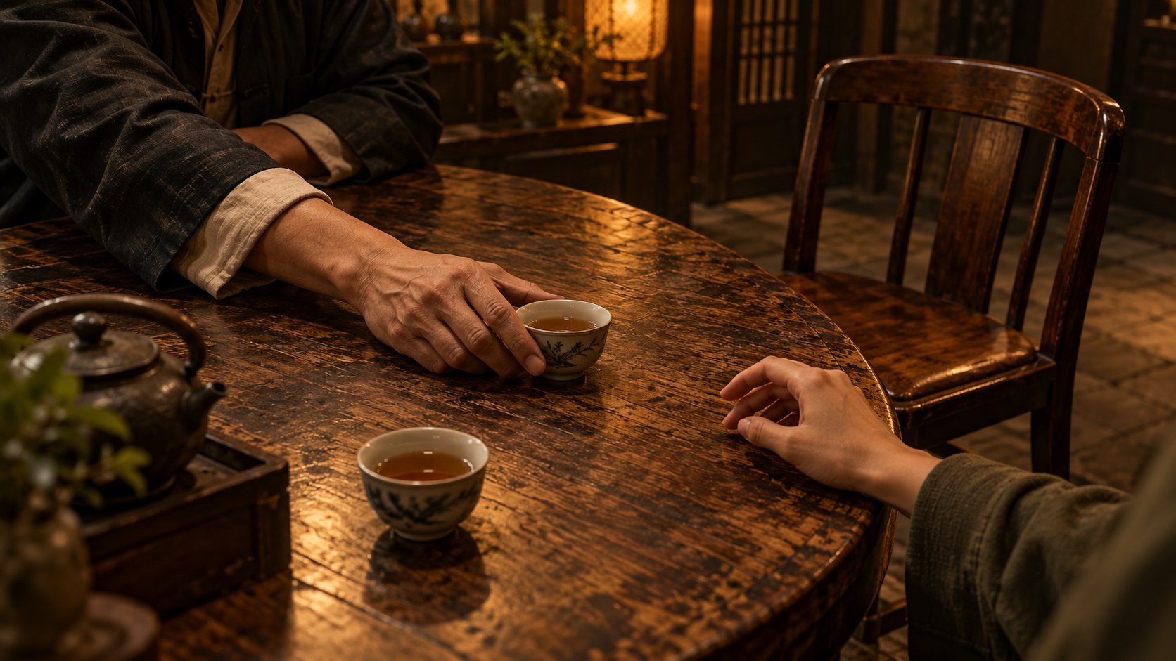 木桌旁一隻手推來茶杯，另一隻手停在桌邊，呈現人情往來與遲疑的概念插畫，非電影劇照