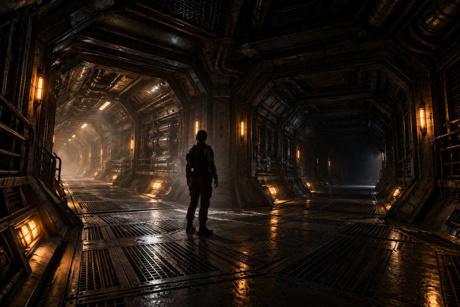 Conceptual illustration of a lone figure in a shadowy industrial spacecraft corridor illuminated by amber lights.