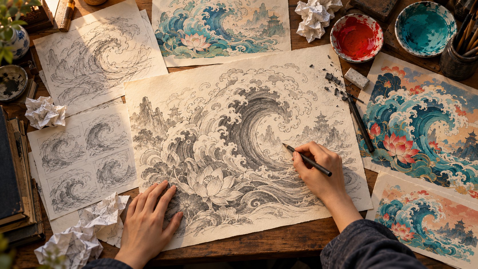 畫者在桌上修改海浪與蓮花設計,四周散放不同版本草稿的概念插畫,非實際製作紀錄