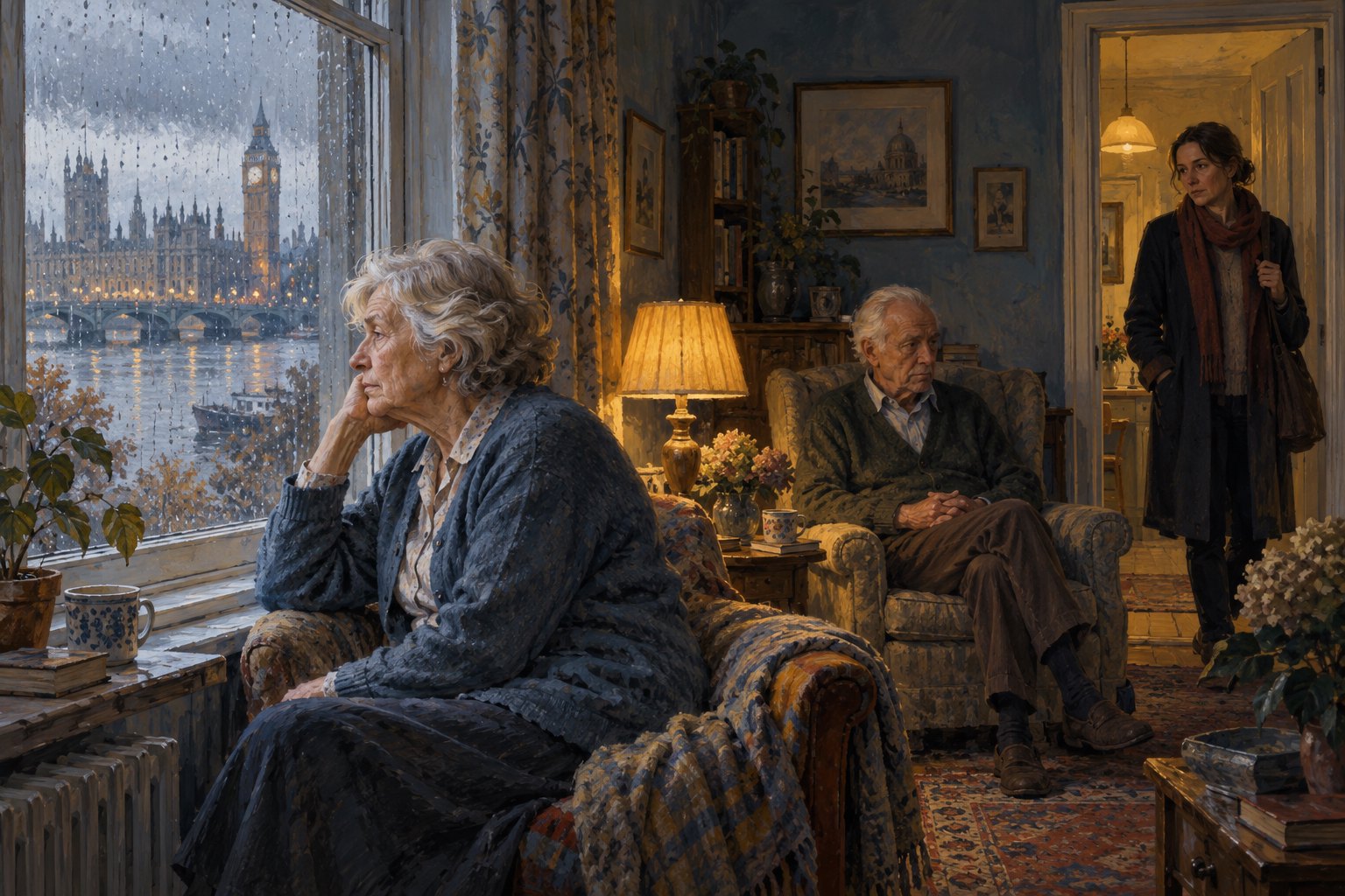 Conceptual painterly illustration of an elderly couple and an adult daughter separated by quiet space in a softly lit home.