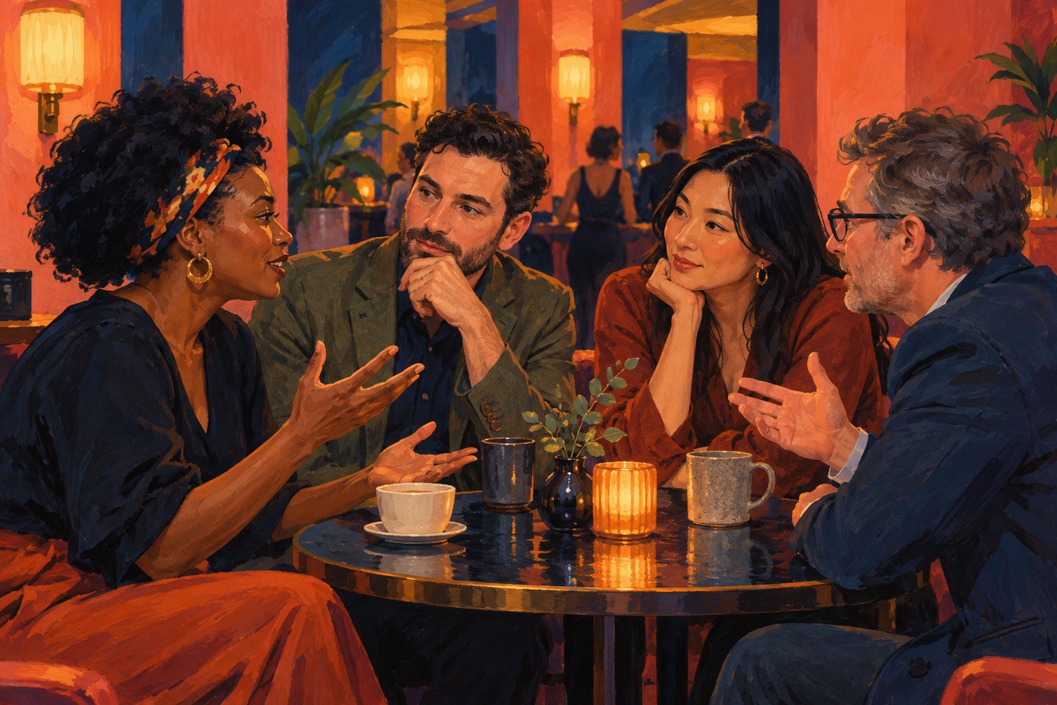 Conceptual illustration of four moviegoers discussing a film around a small table in a warmly lit lobby.