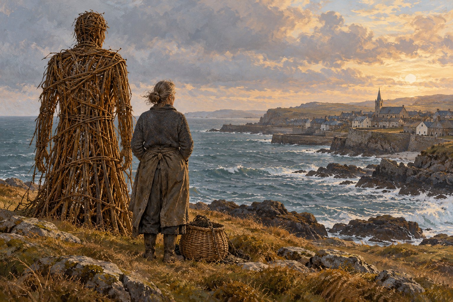 Conceptual illustration of a fisherwoman and a tall woven figure overlooking a coastal village from a rocky shore.