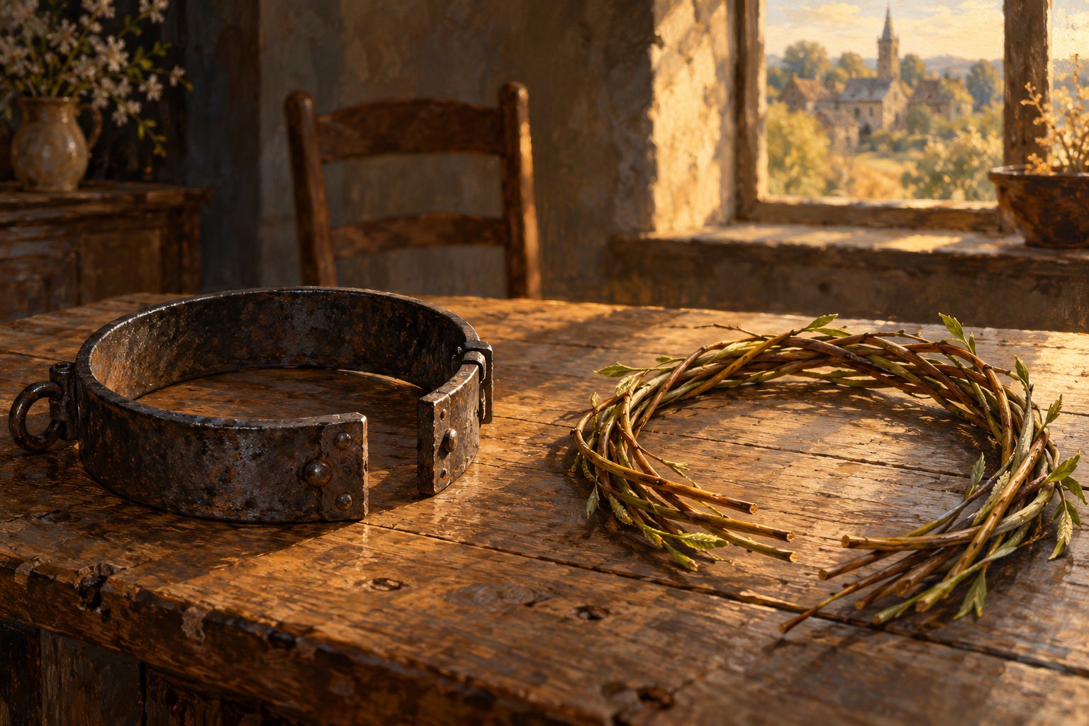 Conceptual illustration of an open iron collar beside a loose circle of willow strands on a sunlit wooden table.