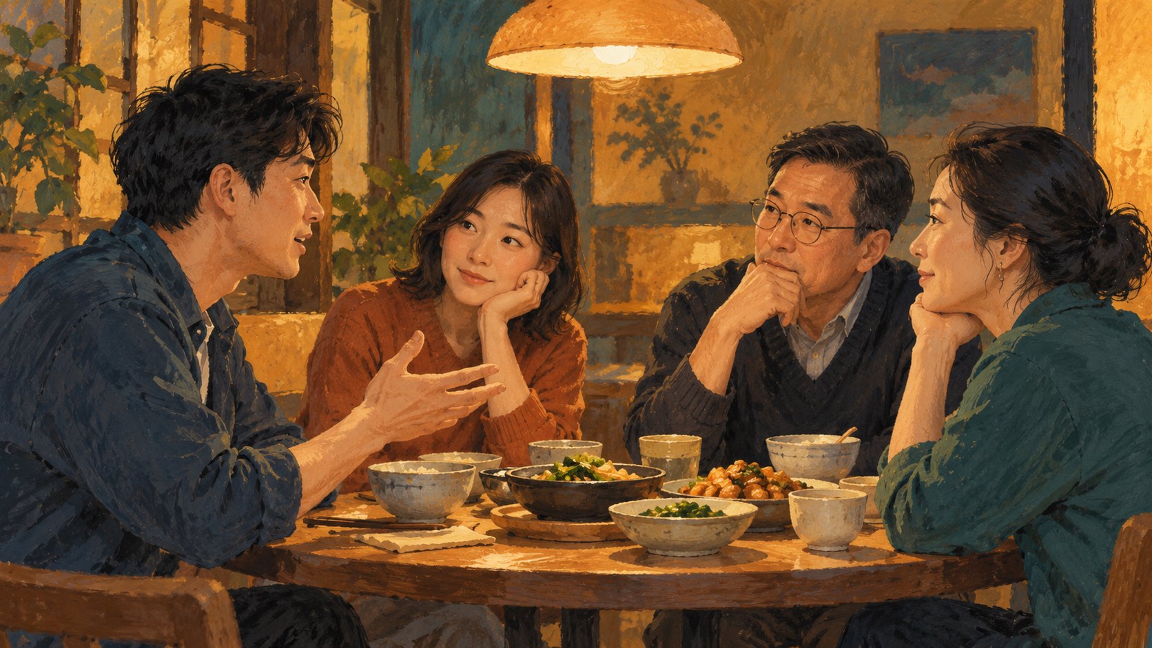 幾名成年人圍坐餐桌分享觀影感受、彼此聆聽的情境插畫,非活動現場紀錄