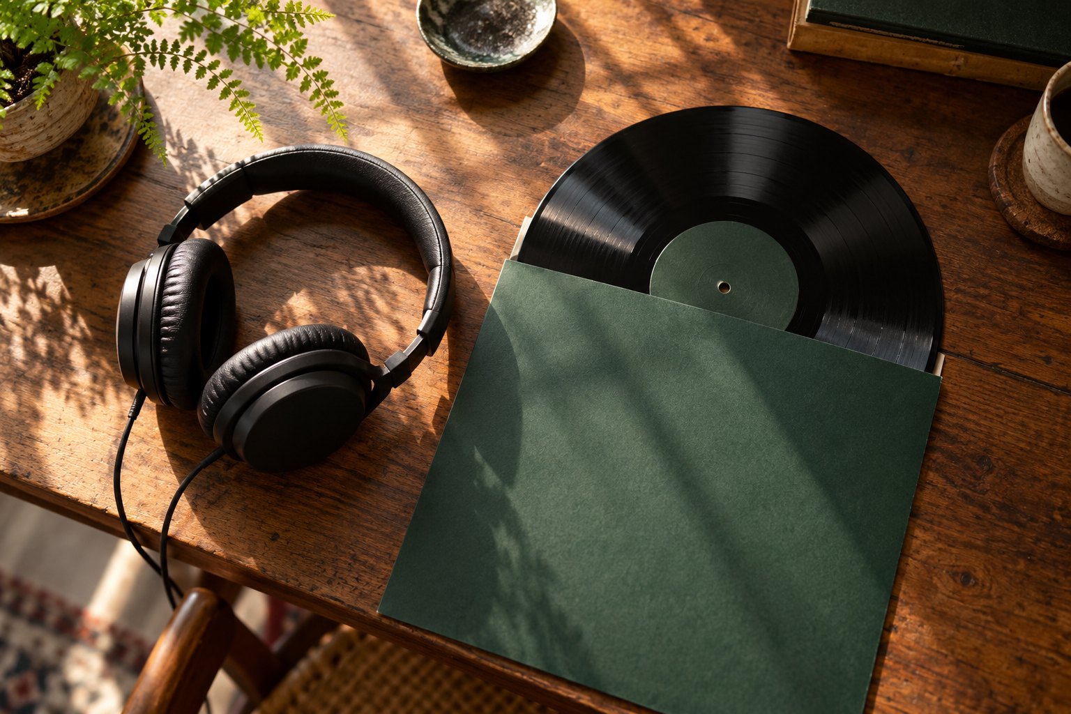 Black headphones beside a vinyl record in a plain green sleeve on a sunlit wooden table.