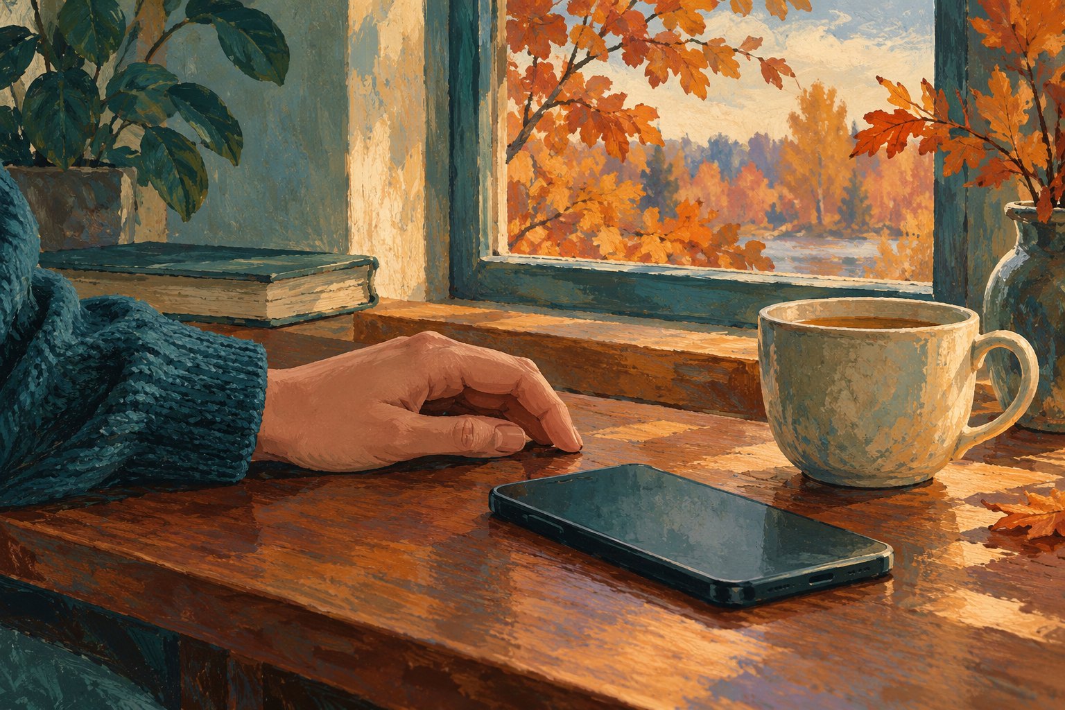 An illustrated hand rests beside a dark phone and a cup of tea near an autumn window.