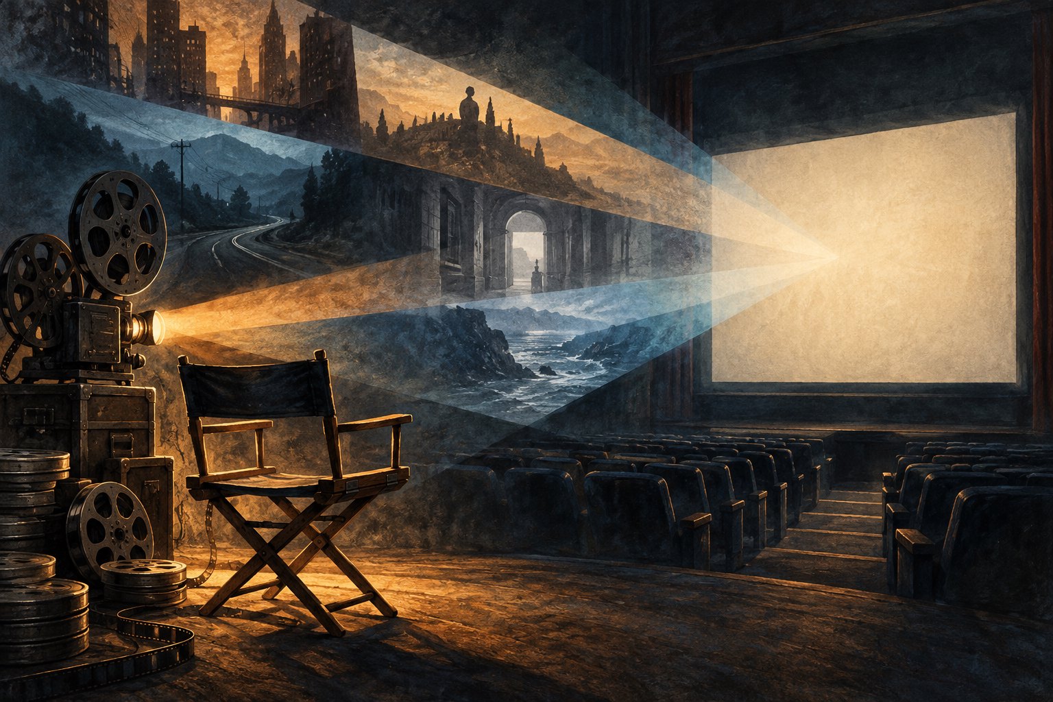 Illustration of a director’s chair and film projector beneath overlapping beams of light leading toward a cinema screen.