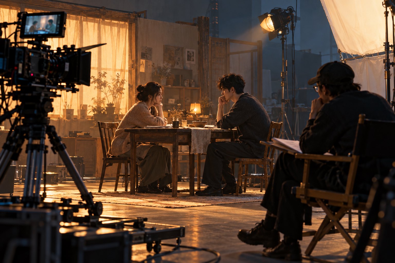 电影摄影棚内,摄影机对准餐桌旁排练的演员,导演在一旁专注观察
