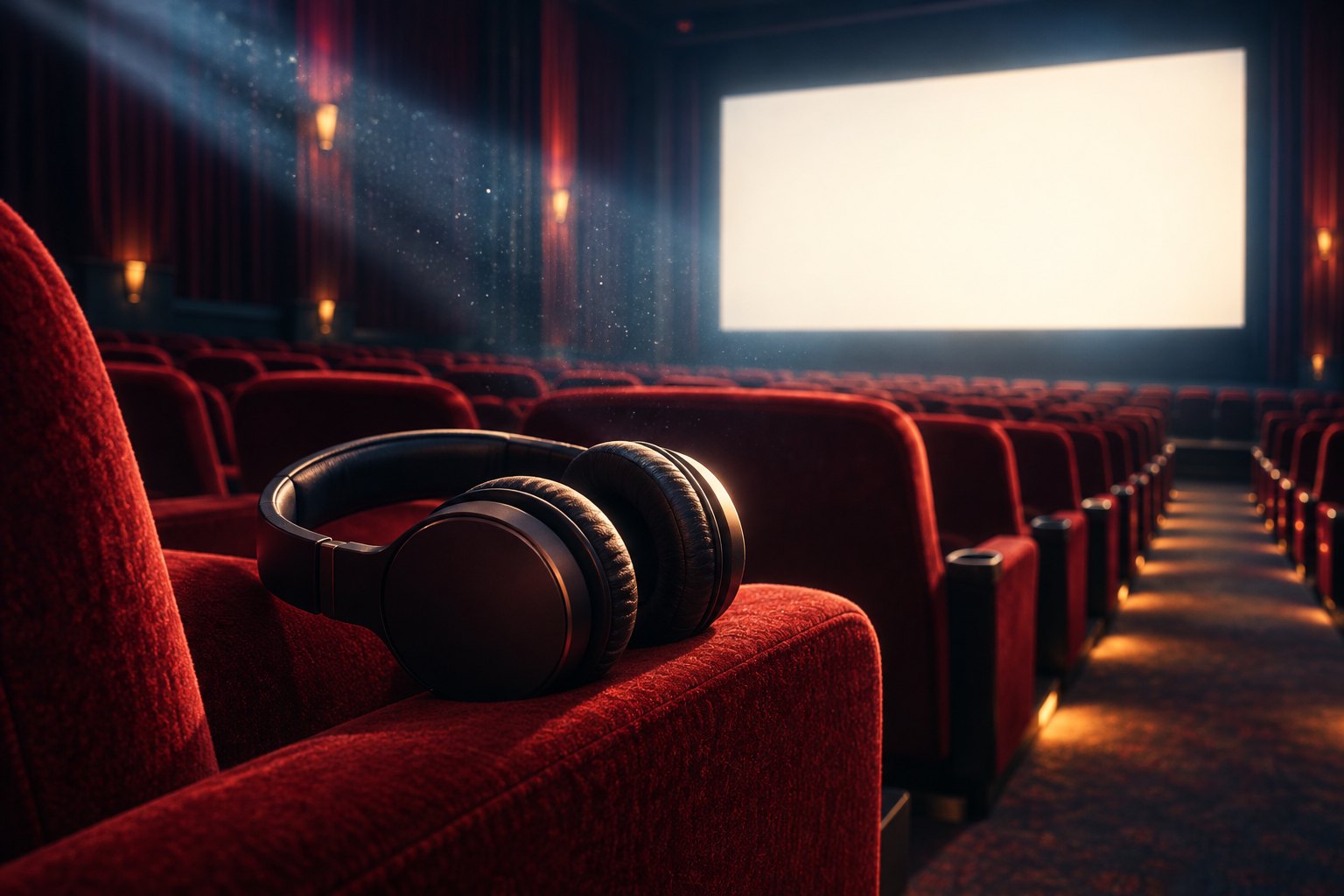 Conceptual illustration of headphones resting on a red theater seat facing a glowing blank movie screen.