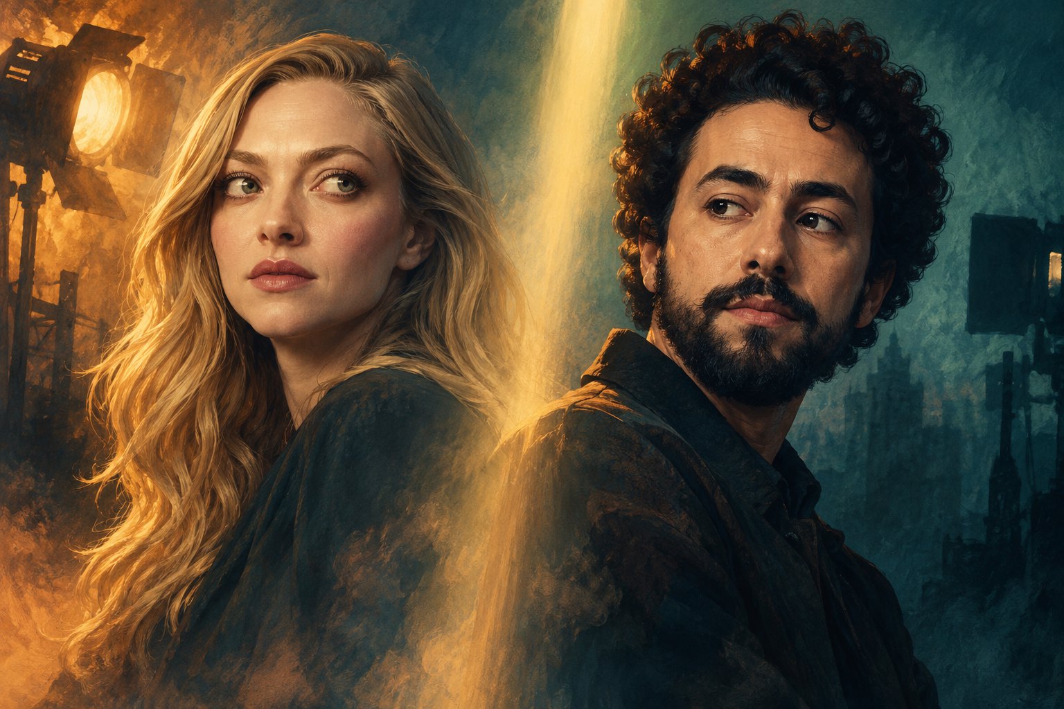 Painterly portraits of Amanda Seyfried and Ramy Youssef separated by a golden beam of cinematic light.